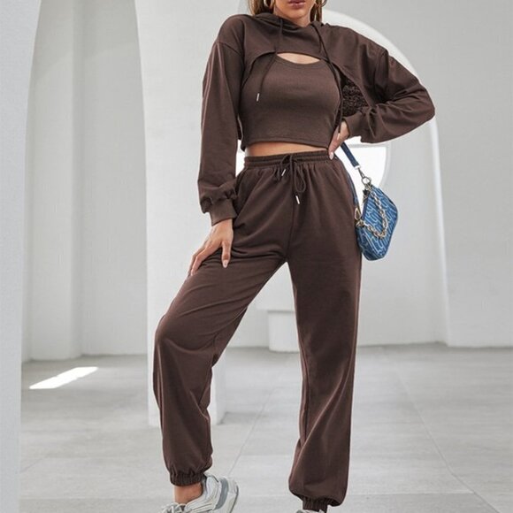 BROWN Super Cute Sexy Hoodie Loose Vest and Pants Set - Picture 1 of 3